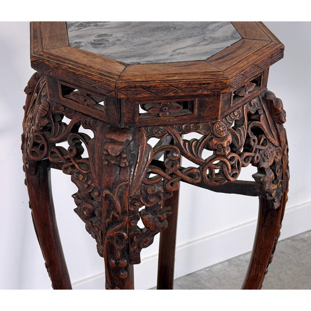 Vintage Chinese Carved Rosewood Pedestal Stand With Marble Top For Sale - Image 9 of 12