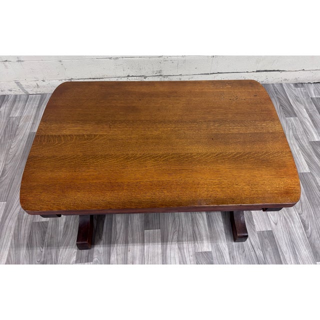 Mission Antique Mission Oak Trestle Pedestal Base Library Table Console Hall Table For Sale - Image 3 of 14