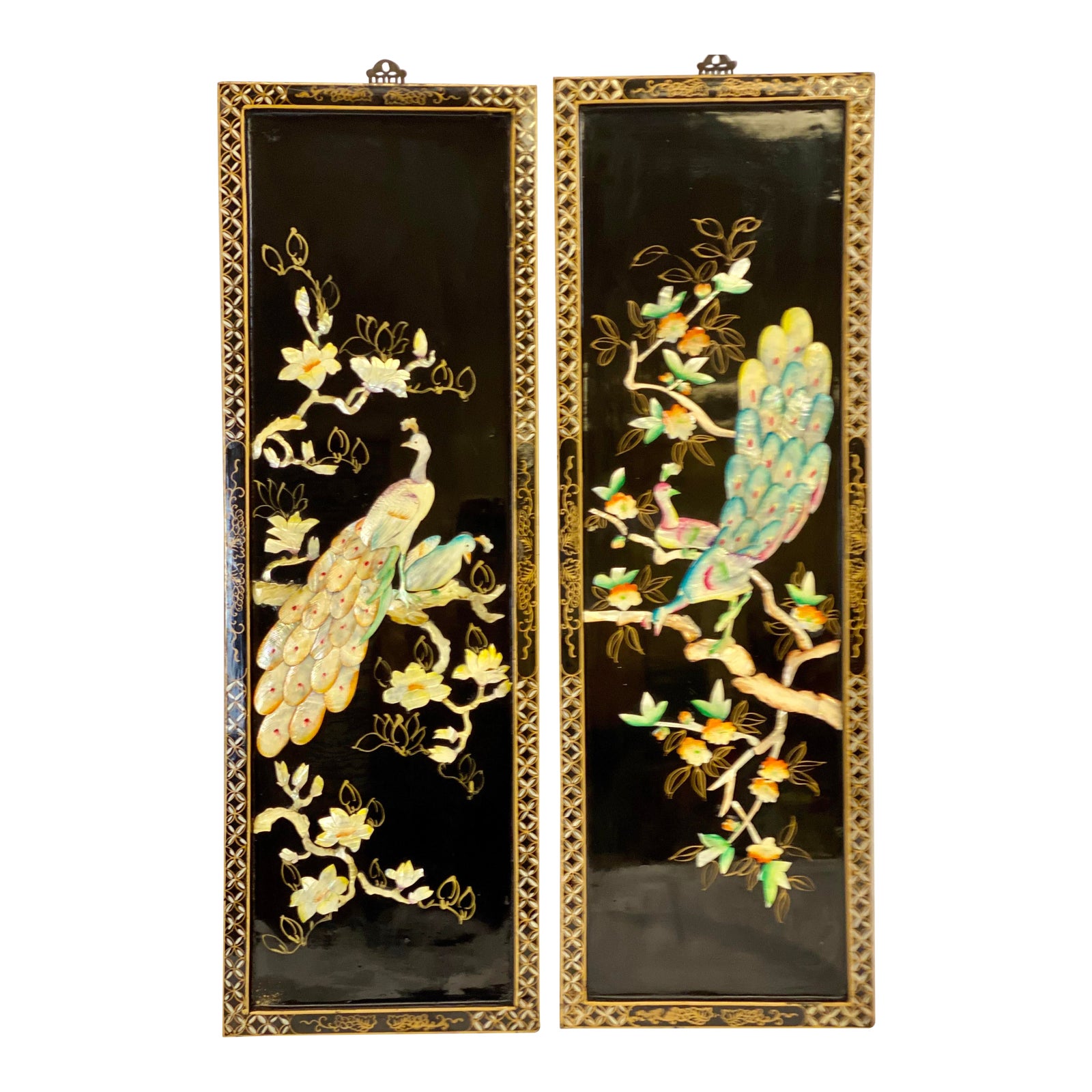 Mid Century Chinoiserie Wood & Mother of Pearl Peacock Wall Panels-a