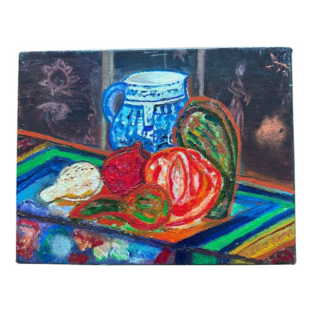 Colorful Still Life With Blue Pitcher For Sale