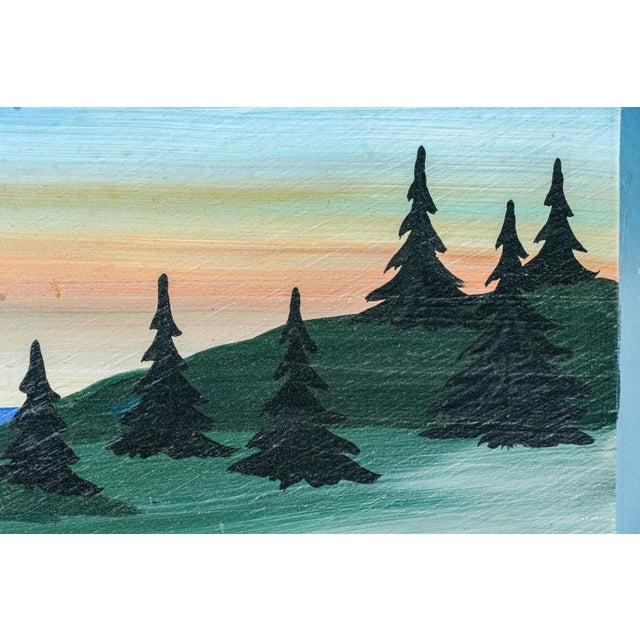 Brick Red Vintage Folk Art Oil Painting Wood Board New England Coast Scene Country Home Decor For Sale - Image 8 of 17