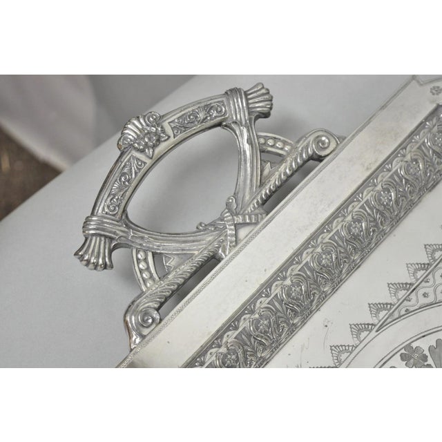Silver Antique Rogers Smith & Co Art Nouveau Large Silver Plated Crane Bird Etched Tray For Sale - Image 8 of 18