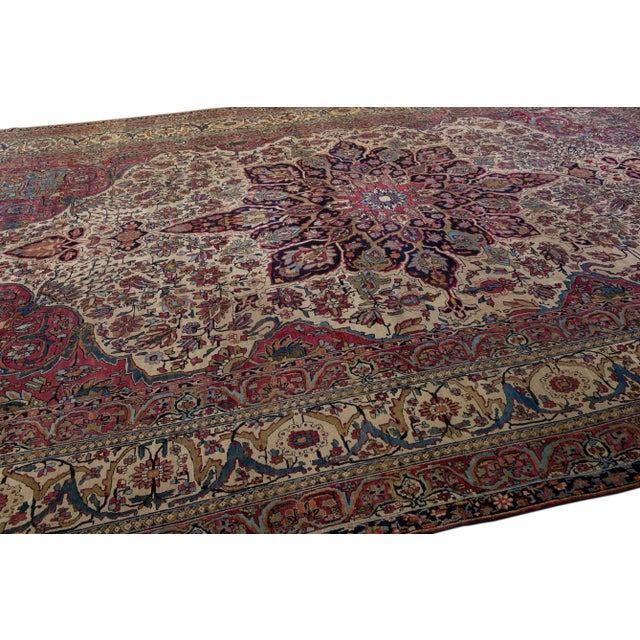 Textile Antique Persian Kerman Handmade Medallion Red Oversize Wool Rug For Sale - Image 7 of 10