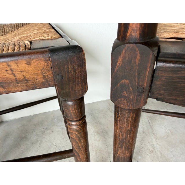 Vintage French Country Style Oak Ladder Back Rush Seat Dining Chairs – Set of 4 For Sale - Image 16 of 18