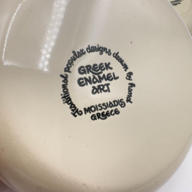 Cream 1970s Greek Enamelware Moissiadis Signed Hand-Painted Plates Dishes- Set of 6 For Sale - Image 8 of 11