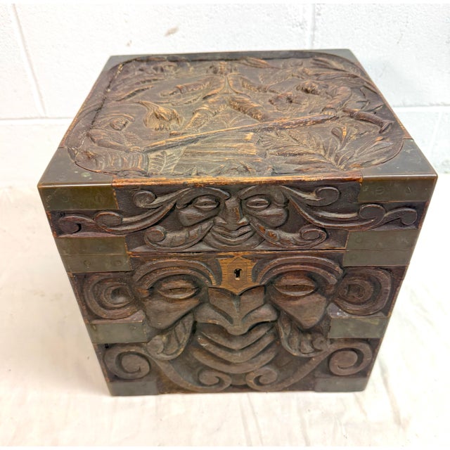 Antique 19th Century Victorian Hand Carved Wood Brass Folk Art Sculptural Box For Sale - Image 4 of 18