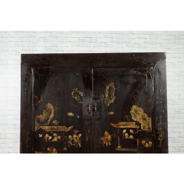 19th Century Qing Dynasty Two-Door Cabinet with Hand-Painted Décor and Original Black Lacquer For Sale - Image 4 of 12