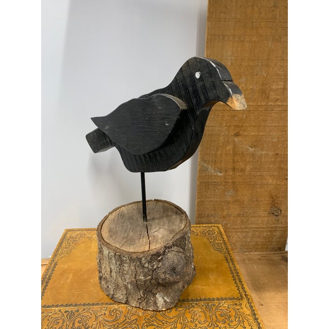 Wood Late 20th Century Pair of Vintage John Brannon Folk Art Wooden Black Crows on Stands For Sale - Image 7 of 9