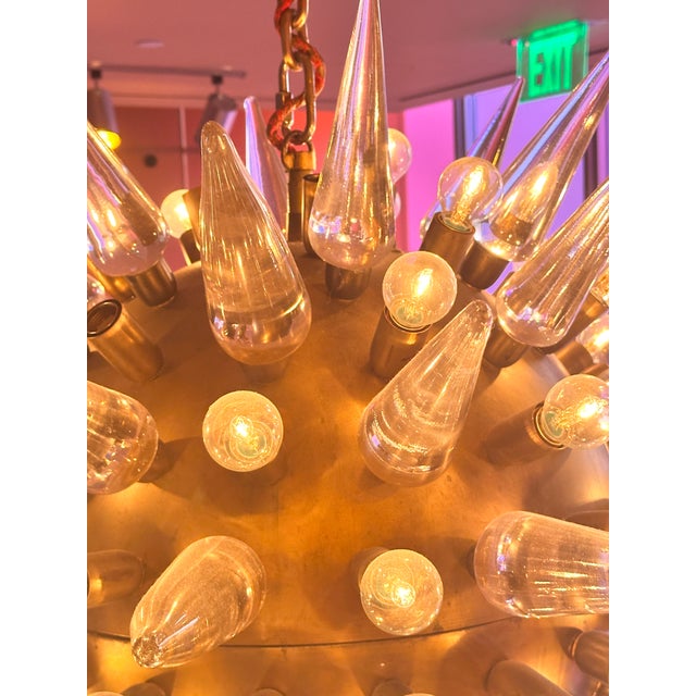 1960s Mid Century Murano Glass Spike Sputnik Chandelier, Brass Globe, 1960s Lighting For Sale - Image 5 of 18