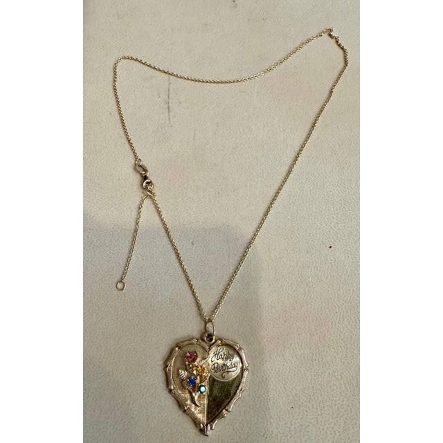 Vintage 14 Kt Y Gold Heart Happy Birthday Pendant + Emerald + Sapphire + Chain For Sale - Image 12 of 18