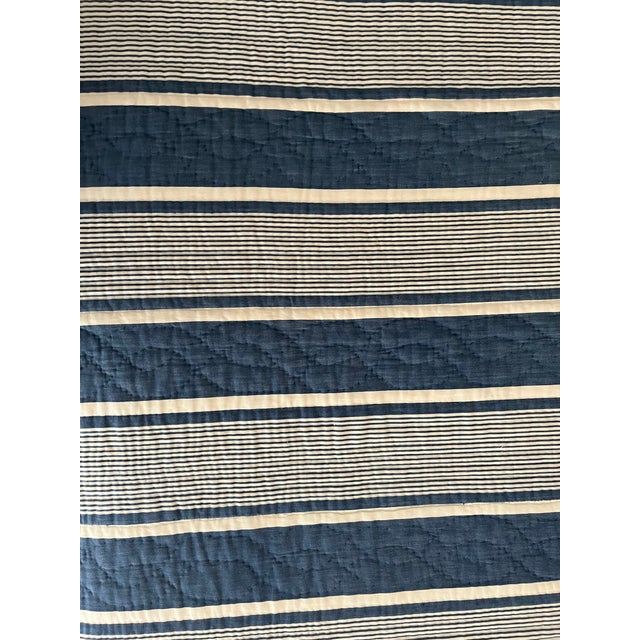 1980s Vintage French Blue Striped Reversible Quilt Coverlet For Sale - Image 5 of 7