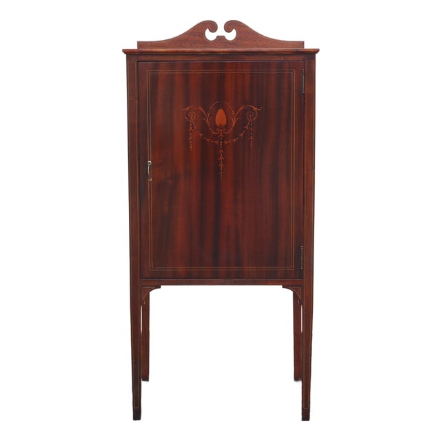 Mid 19th Century Edwardian Mahogany Veneer Sheet Music Cabinet With Decorative Marquetry Inlay For Sale