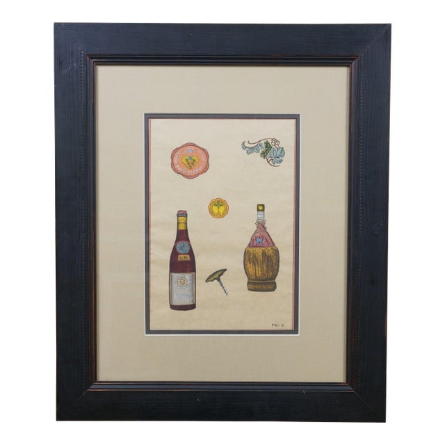 Italian Wine Bottles Brunello Chianti Vino Cellar Etching After Naldini 25" For Sale