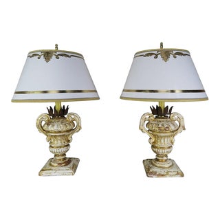 Pair or French Carved Urn Lamps With Parchment Shades For Sale