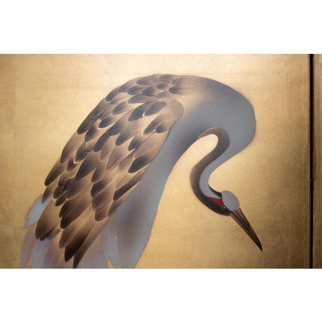 Goldenrod "Red-Crowned Cranes", Painted Chinese Screen For Sale - Image 8 of 18