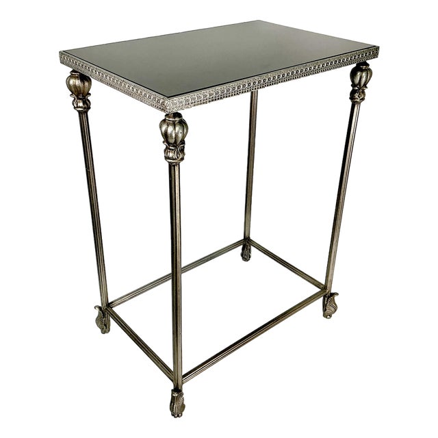 1970s Vintage Hollywood Regency Italian Neoclassical Black Marble Top Metal Side Table For Sale