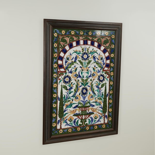 Lofty vintage tile frieze beautifully hand decorated with a classical composition having a fountain, birds, flowers and...