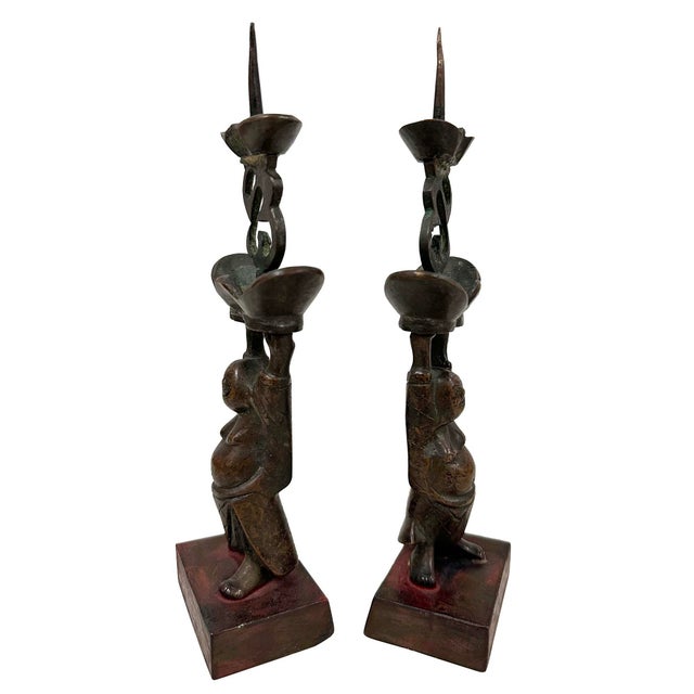 Brown Early 20th Century Chinese Pair of Bronze Happy Buddha Candle Holders For Sale - Image 8 of 9