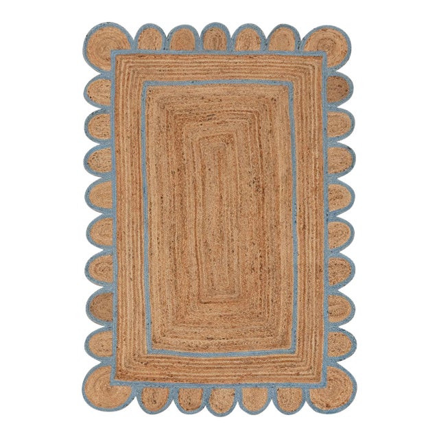 Light Blue Scallop Jute Hand Made Rug - 3'x5' For Sale