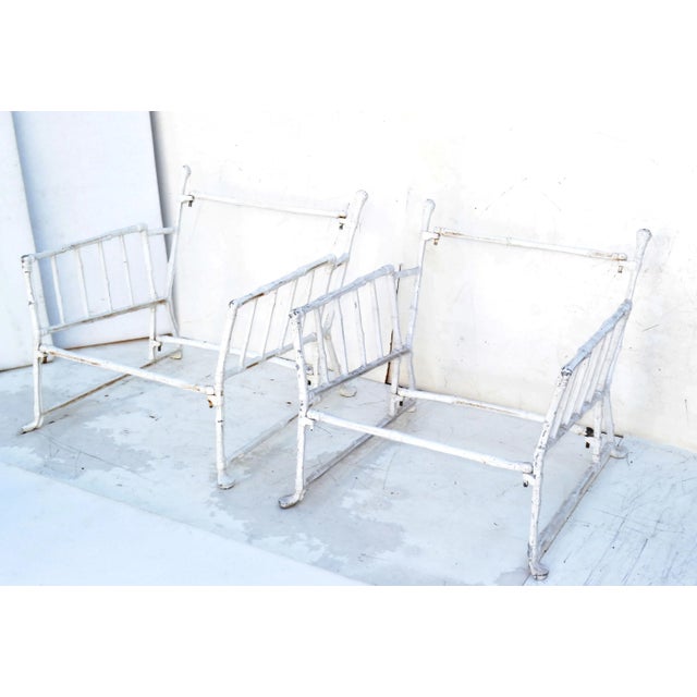 Mid-Century Modern Large French Maison Jansen Steel Faux Bamboo Lounge Chairs Distressed Look Pair For Sale - Image 3 of 13