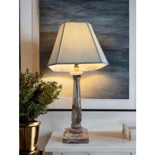 Large Vintage Solid Onyx Table Lamp | Cream & Honey Veined Stone | Late 20th Century For Sale - Image 4 of 12