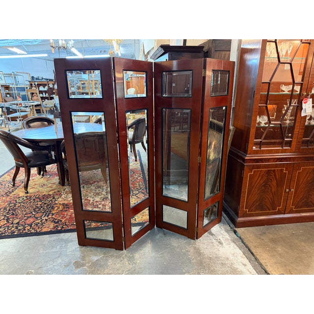 Vintage Contemporary Mahogany 4-Panel Folding Room Divider Screen With Beveled Glass For Sale - Image 4 of 7