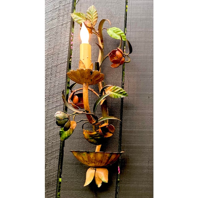 Vintage Italian Hand Painted Hand Crafted Tole Wall Sconces - a Pair For Sale - Image 12 of 18
