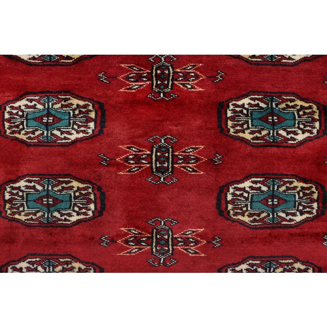 Rustic Bokhara Red Green Hand Knotted Rug For Sale - Image 4 of 9