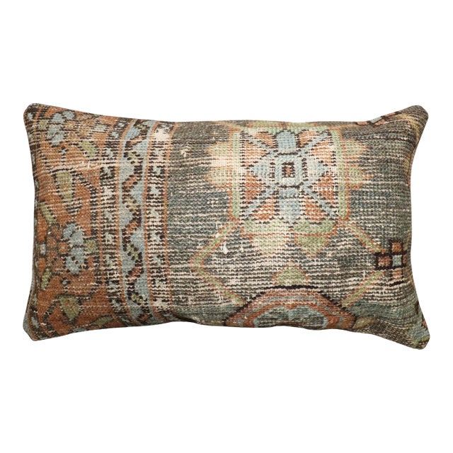 Early 20th Century Zabihi Collection Tribal Worn Persian Kurd Rug Lumbar Pillow - 0'11" x 1'7" For Sale