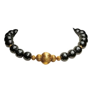 1990s Faceted Black Onyx and 22K Gold Beaded Necklace For Sale