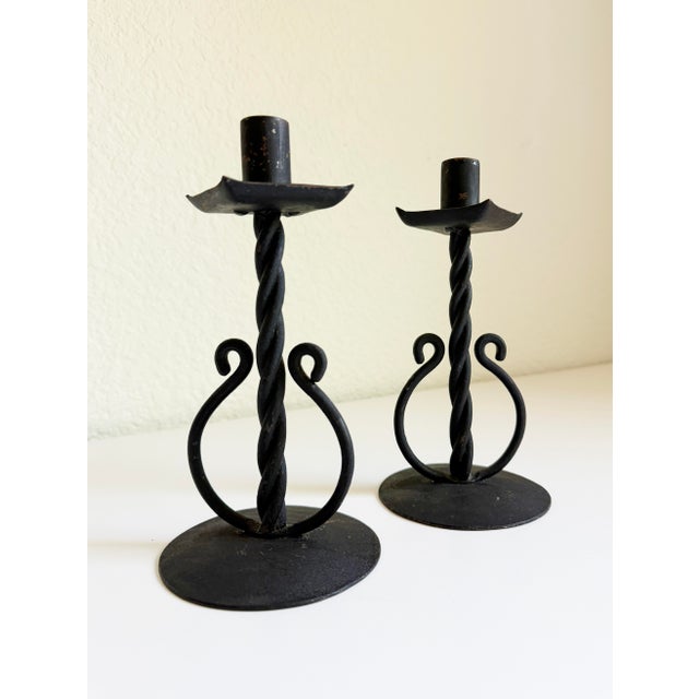 1930s 1930s Spanish Revival Wrought Iron Candlesticks, a Pair For Sale - Image 5 of 9