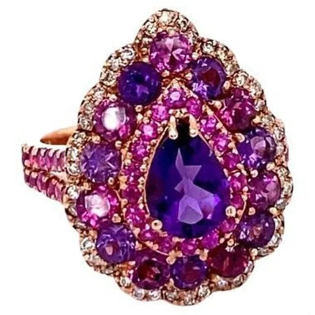 Contemporary 3.57 Ct Amethyst, Garnet, Pink Sapphire, Diamond 14k Rose Gold Cocktail Ring, Size 7 For Sale - Image 3 of 5