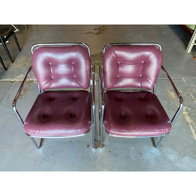 Mid Century Modern Lounge Chairs in Tubular Chrome and Rich Oxblood Faux Leather - a Pair For Sale - Image 9 of 10