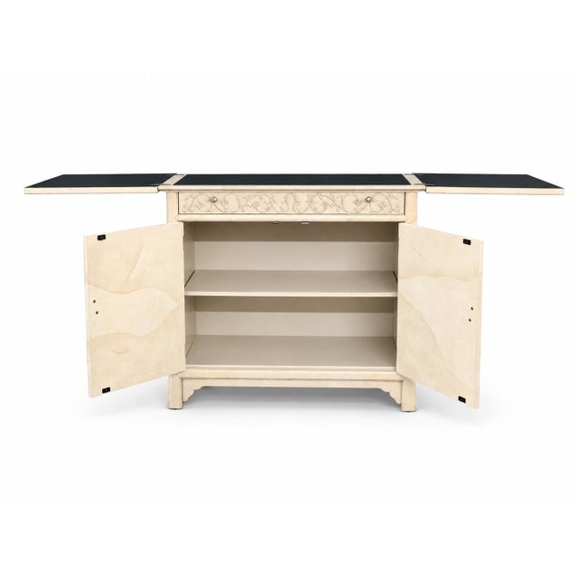 1990s Henredon Vintage Hollywood Regency Faux Goatskin Server Bar Cabinet For Sale - Image 5 of 9