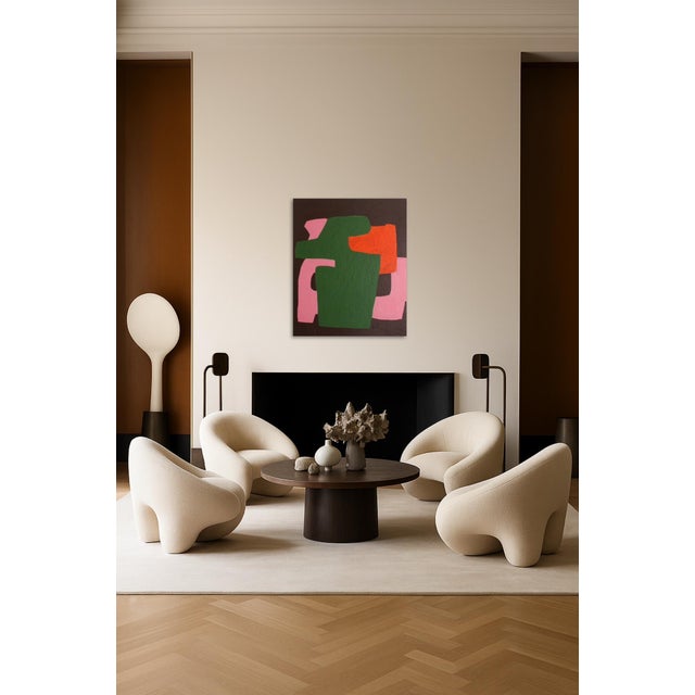 This abstract painting boldly celebrates form and color, where earthy green and brown contrast harmoniously with touches...