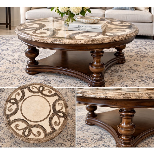 Thomasville Elegant Round Marble Inlay Coffee Table With Carved Wood Base For Sale - Image 4 of 4