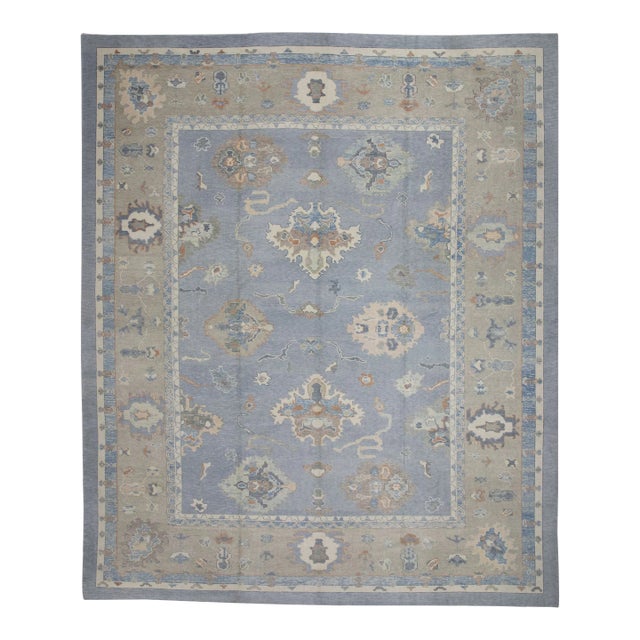 Early 21st Century Blue & Taupe Floral Design Handwoven Wool Turkish Oushak Rug 12'3" X 15' For Sale