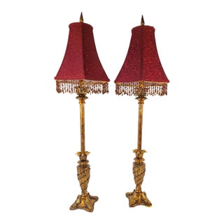Vintage Berman Industries Florentine Gold Buffet Lamps With Crimson Beaded Shades – A Pair For Sale