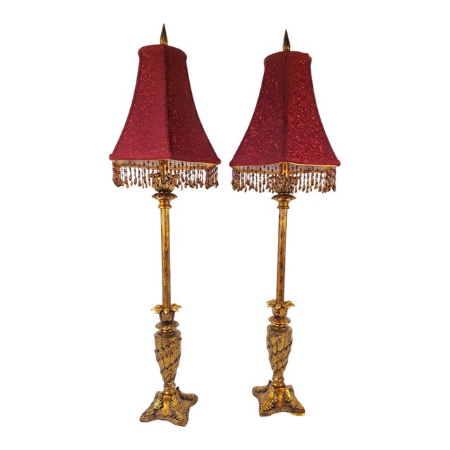 Vintage Berman Industries Florentine Gold Buffet Lamps With Crimson Beaded Shades – A Pair For Sale