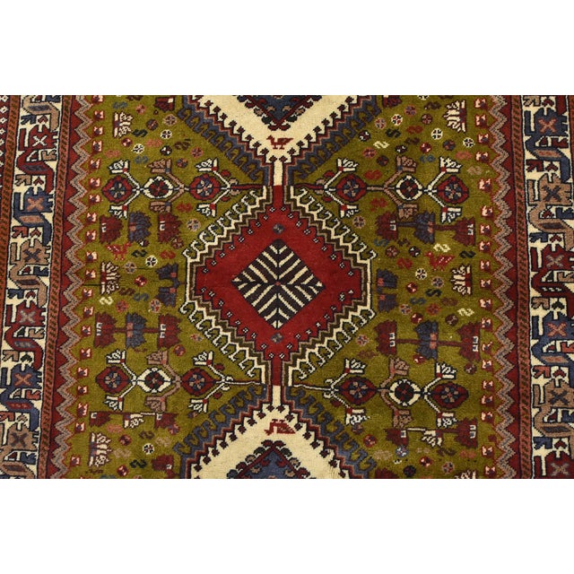 1990s Yalameh Rug 3'5'' X 4'8'' Green Wool Vintage Tribal Hand-Knotted Oriental Carpet For Sale - Image 5 of 12