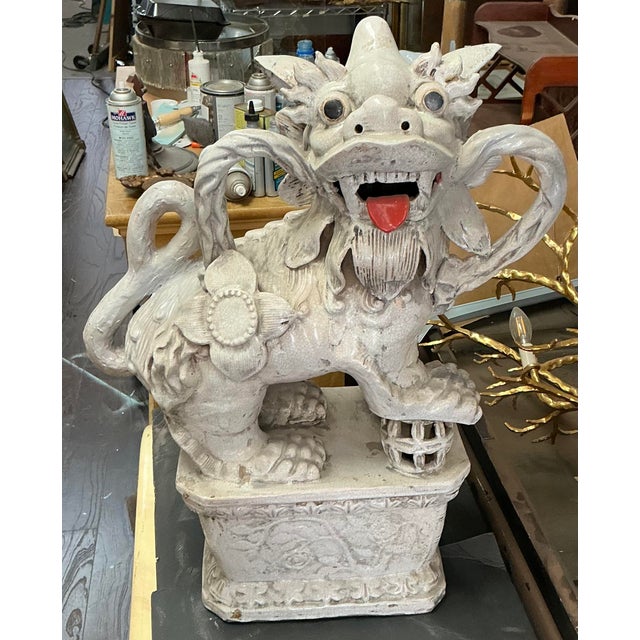 Ceramic Mid-Century Large Scale Chinese Export Foo Dog Ceramic Pottery Figurines - Set of 2 For Sale - Image 7 of 7