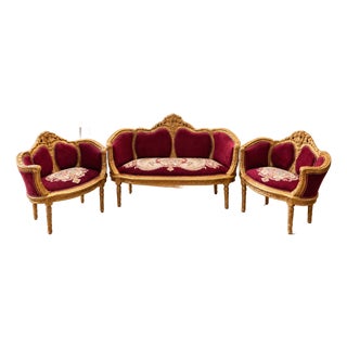 1960 Artisan Louis XVI Burgundy Beech Sofa Set-3 Pc For Sale
