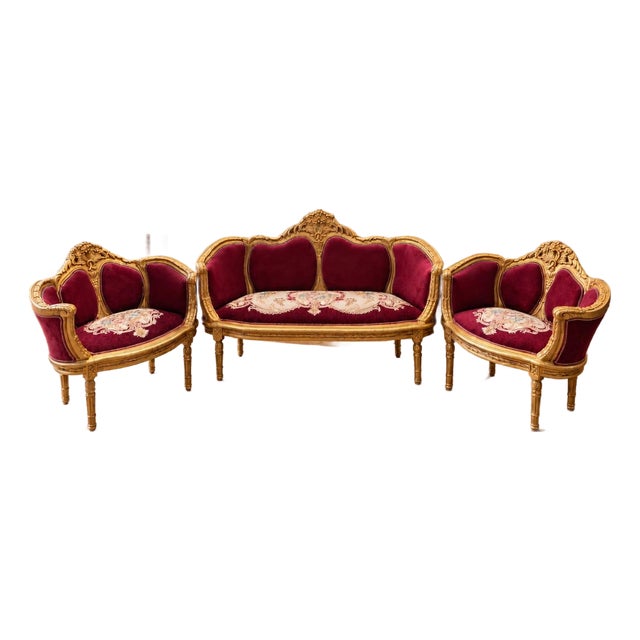 1960 Artisan Louis XVI Burgundy Beech Sofa Set-3 Pc For Sale