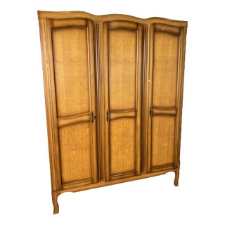 Vintage French Louis Carved Oak Triple Door Armoire For Sale