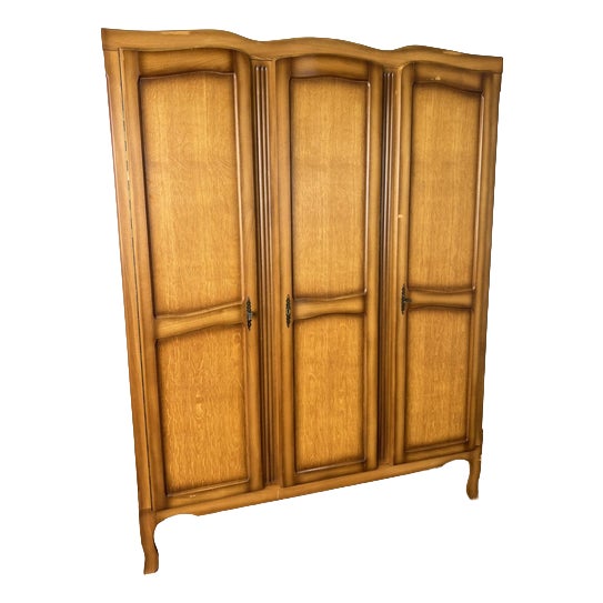 Vintage French Louis Carved Oak Triple Door Armoire For Sale