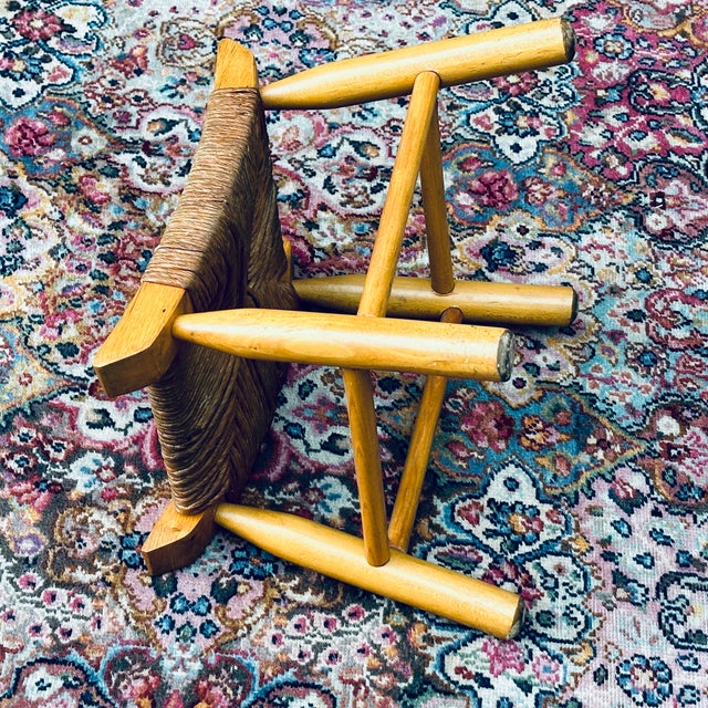 Mid-Century French Country Ash Wood & Rush Saddle Seat Footstool Petite Low Stool For Sale - Image 10 of 11