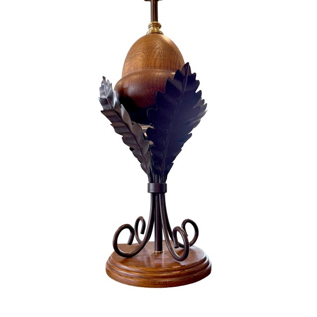 Pair of Vintage 1990s Acorn Table Lamps With Wrought Iron Oak Leaves – Quality Wood & Metal For Sale - Image 9 of 14