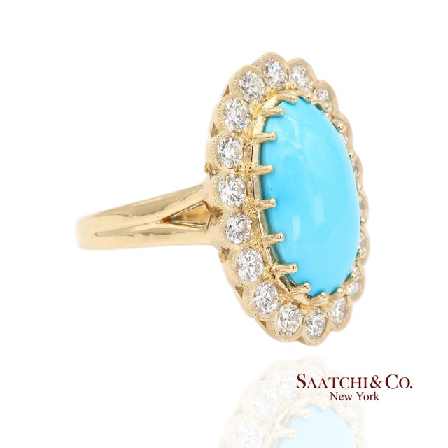Turquoise and Diamond Gold Ring Metal Type: 18K Yellow Gold Total Item Weight: 11.2 Grams Ring Size: 7 (Resizable)...