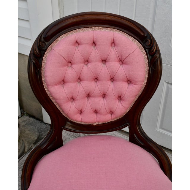 Antique Walnut Parlor Chair Victorian Style Tufted Pink Bedroom Accent Vanity For Sale - Image 11 of 13