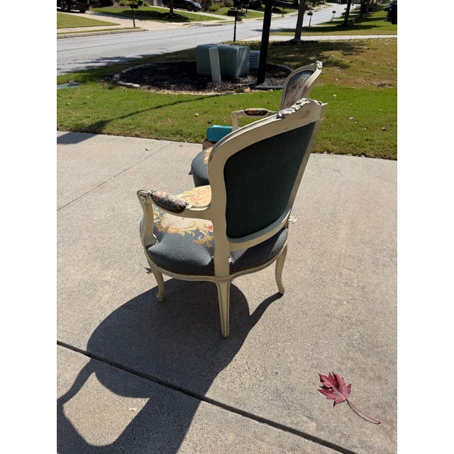 Antique French Louis XV Style Needlepoint Arm Chairs Pastoral Scene Tap Pair For Sale In Atlanta - Image 6 of 10